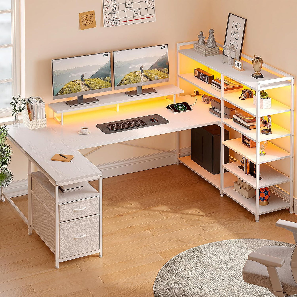 DurayLoly Computer Desk with 6 Storage Shelves & 2 Fabric Drawers,63'' L Shaped Gaming Desk with Power Outlet & LED Strip, Reversible Office Desk with Monitor Stand, White