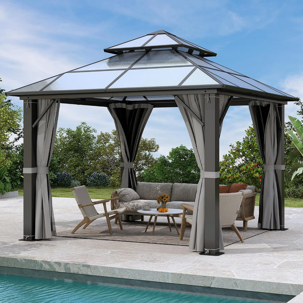 Hardtop Gazebo 10' x 10', Patio Gazebos with Polycarbonate Roof & Steel Frame, Outdoor Pavilion with Gray Curtain&Netting for Backyard/Lawn/Garden/Deck