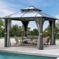 Hardtop Gazebo 10' x 10', Patio Gazebos with Polycarbonate Roof & Steel Frame, Outdoor Pavilion with Gray Curtain&Netting for Backyard/Lawn/Garden/Deck