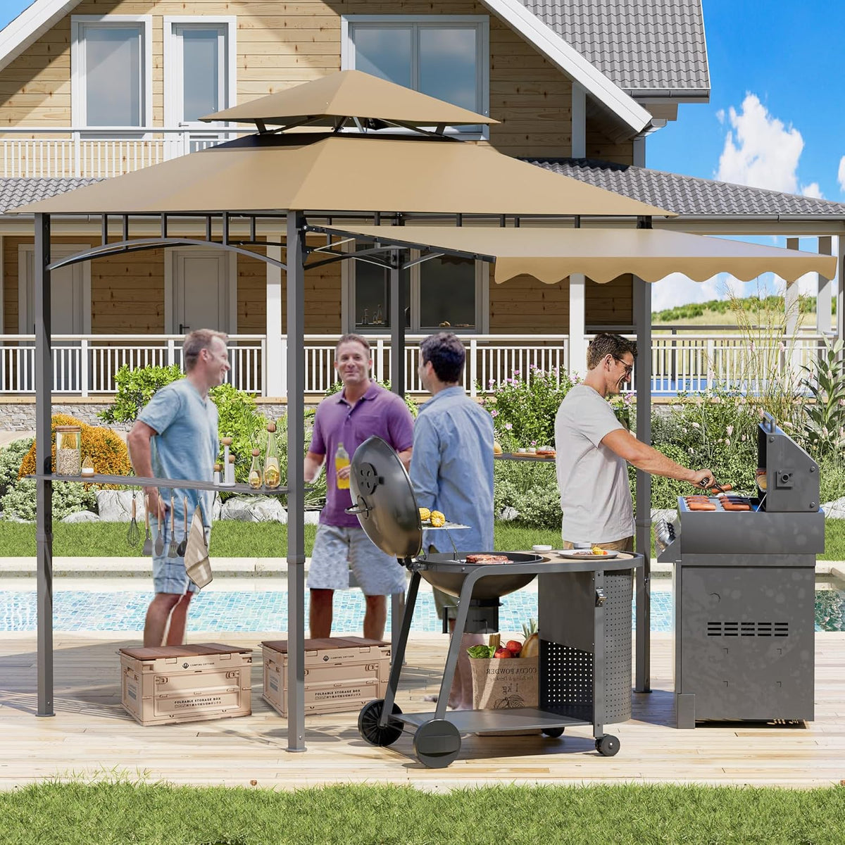 8'X8' Grill Gazebo Canopy - Heavy Duty Steel Frame, Double Tiered Grill Canopy for Outdoor Grill W/Shelves, Ceiling Hooks, Ground Stakes, Patio Canopys Tent BBQ Gazebo Backyard (Kahki)