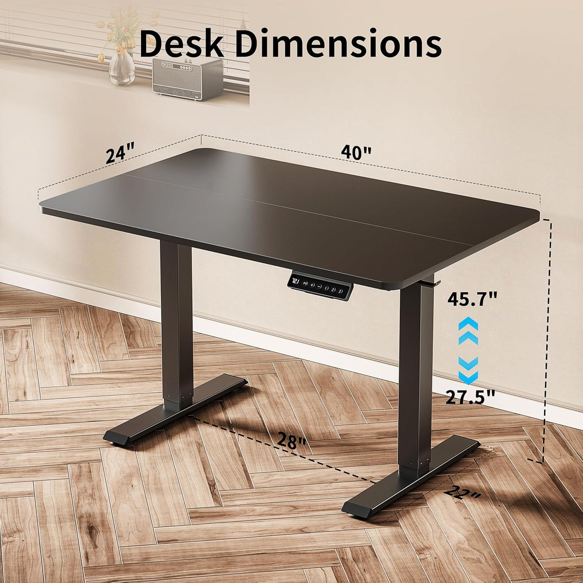 BIZUM 40x24 Inch Electric Standing Desk with Memory Presets, Quiet Motor Height Adjustable Stand Up Desk for Home Office & Gaming, Ergonomic Sit Stand Workstation，Black