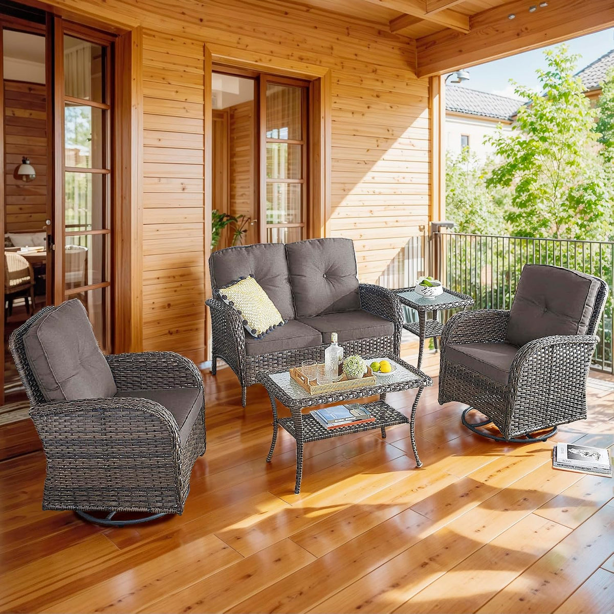 5 Piece Patio Furniture Set - Wicker Patio Conversation Set with Swivel Glider, Loveseat Bench, Tempered Glass Side Table and Coffee Table for Deck Backyard - Brown Wicker Grey Cushion