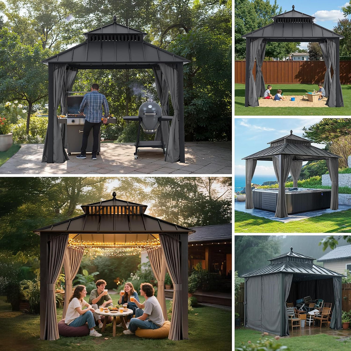 SUNJOY Kingston 10' x 10' Hardtop Gazebo with Galvanized Steel Double Roof, Curtain and Netting, Gray Aluminum Posts Permanent Pavilion Gazebo for Garden, Patio, Deck, Lawn