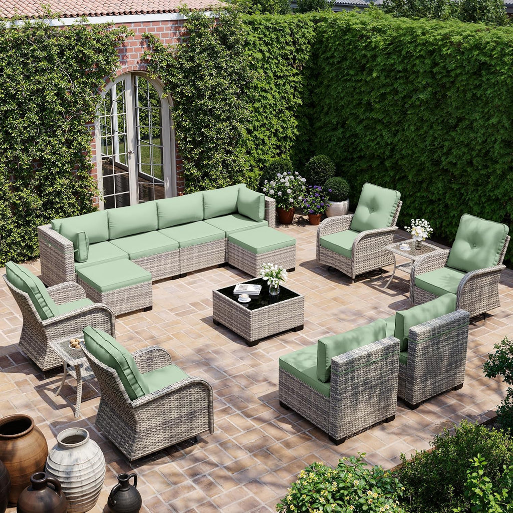 15-Piece Outdoor Patio Furniture Set with Rocking Swivel Chair, Wicker Rattan Sectional Sofa Conversation Set with Tempered Glass Table with Ottomans, Backyard Furniture, Light Green