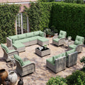 15-Piece Outdoor Patio Furniture Set with Rocking Swivel Chair, Wicker Rattan Sectional Sofa Conversation Set with Tempered Glass Table with Ottomans, Backyard Furniture, Light Green