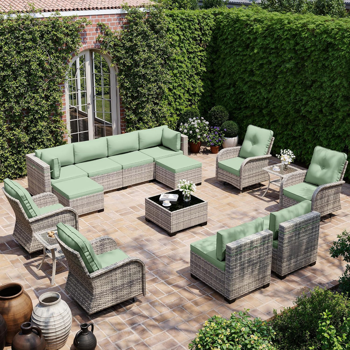 15-Piece Outdoor Patio Furniture Set with Rocking Swivel Chair, Wicker Rattan Sectional Sofa Conversation Set with Tempered Glass Table with Ottomans, Backyard Furniture, Light Green