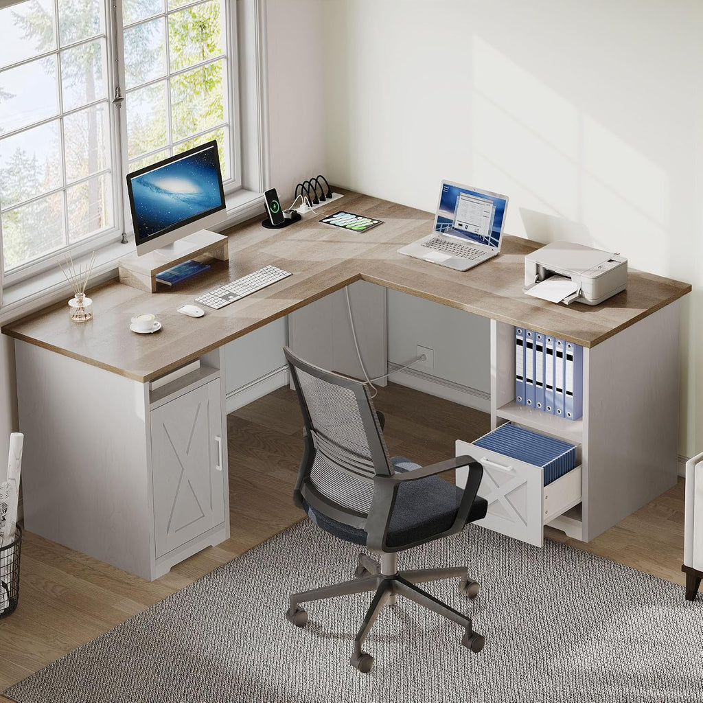 DWVO L Shaped Desk with File Drawer, 60' Corner Computer Desk with Power Outlets, Home Office Desk with Monitor Stand & Storage Shelves & File Cabinet, Grey Wash