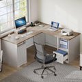 DWVO L Shaped Desk with File Drawer, 60' Corner Computer Desk with Power Outlets, Home Office Desk with Monitor Stand & Storage Shelves & File Cabinet, Grey Wash