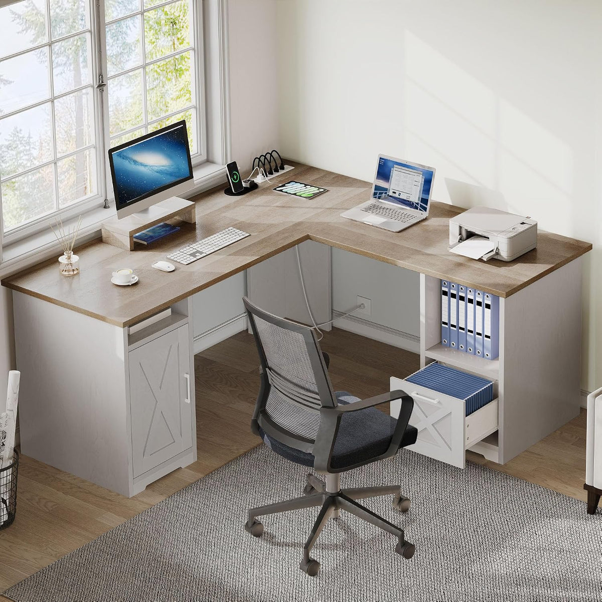 DWVO L Shaped Desk with File Drawer, 60' Corner Computer Desk with Power Outlets, Home Office Desk with Monitor Stand & Storage Shelves & File Cabinet, Grey Wash