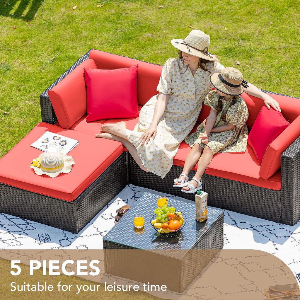Devoko 5 Pieces Patio Furniture Sets All Weathevr Outdoor Sectional Patio Sofa Manual Weaving Wicker Rattan Patio Seating Sofas with Cushion and Glass Table (Red)