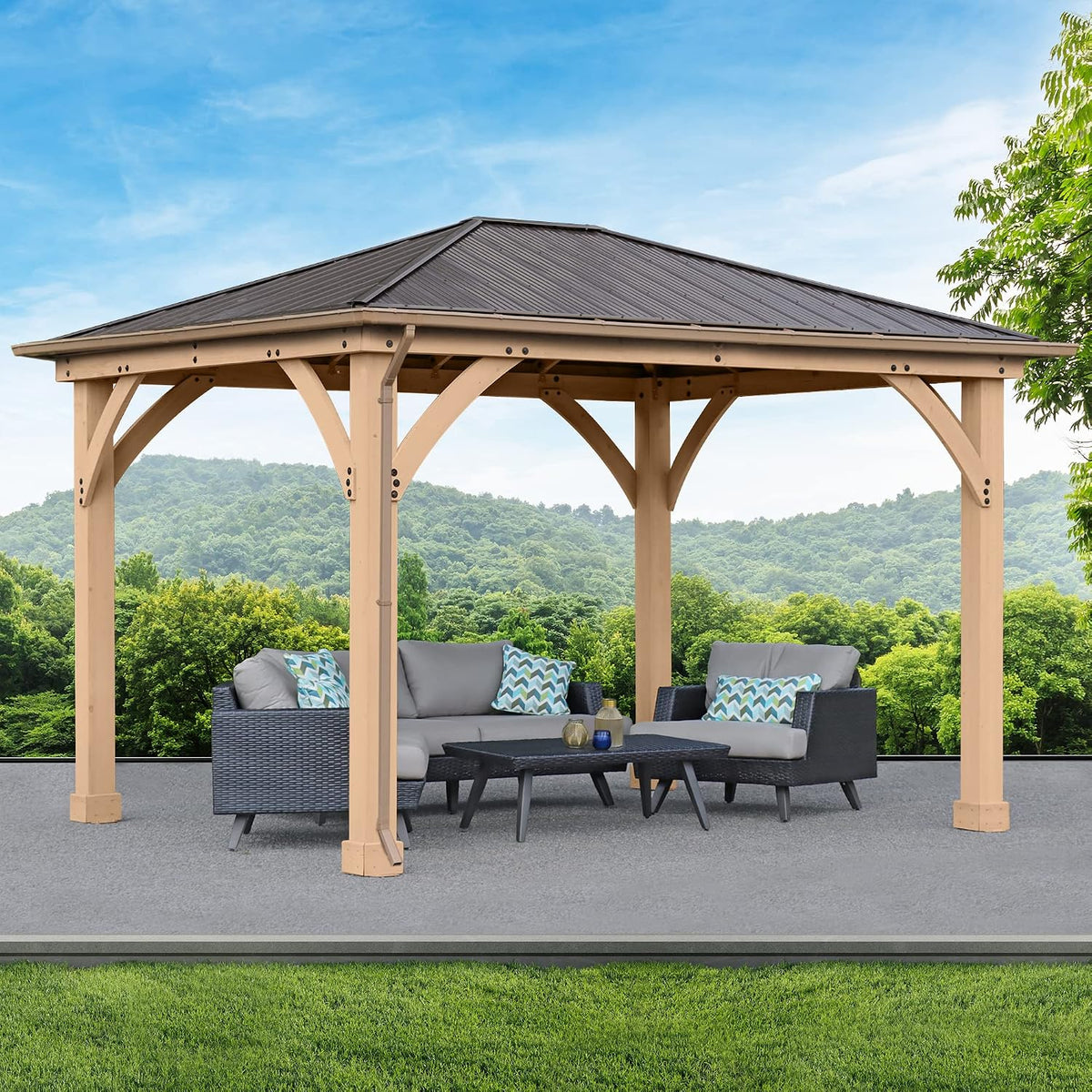 Yardistry 12 x 10 Meridian Gazebo Rain Gutters, Complete Gutter System with 4 Down Spouts for Meridian Gazebo