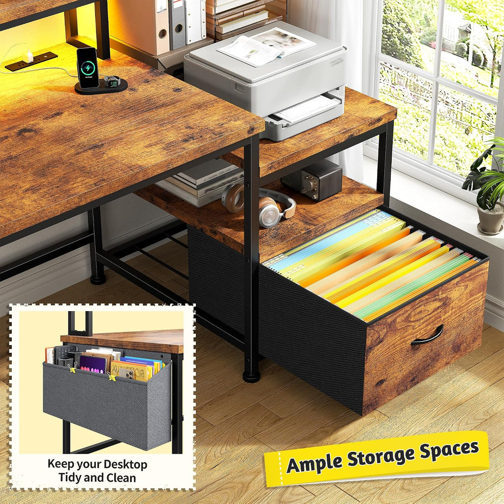 DurayLoly Computer Desk with Monitor Stand,Office Desk with LED Lights &Power Outlets,Gaming Desk with Drawers & Printer Shelf,Writing Table with Side Storage Bag,57' W x 20' D x 36' H,Rustic Brown