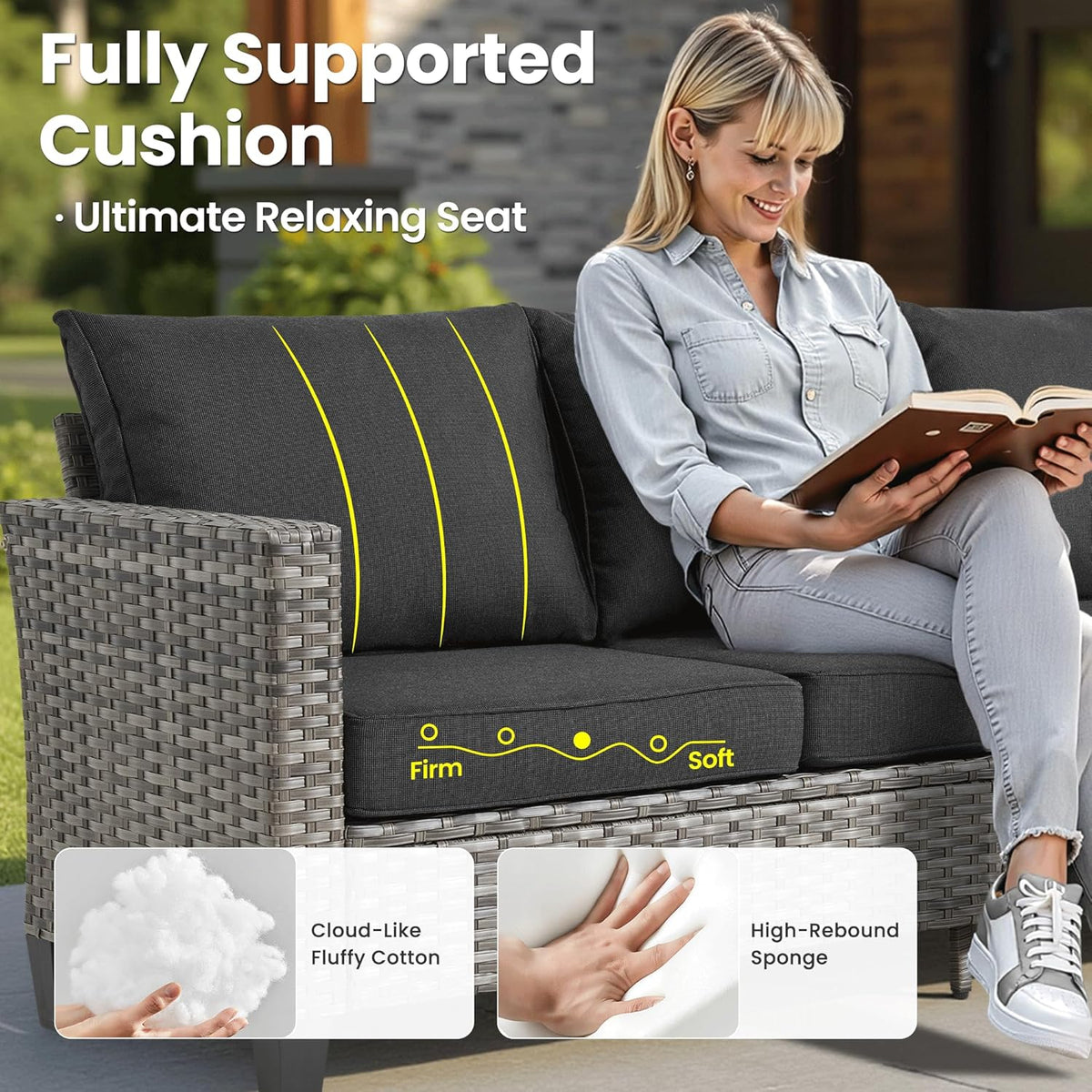 ovios 6 Pieces Patio Furniture Set Outdoor Sofa Couch with Solar Lights Table Comfy Cushions, Modern Deep Seat Wicker Rattan Conversation Set for Porch Deck, Black