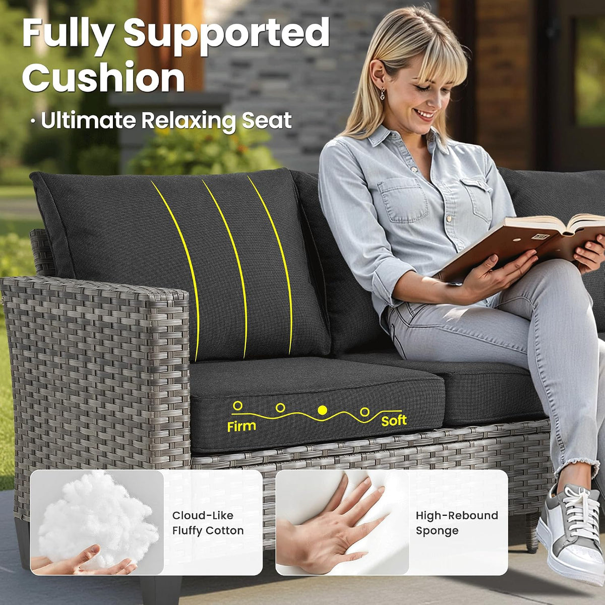 ovios 9 Pieces Patio Furniture Set with 54' Fire Pit Table, Outdoor Sofa Couch with Solar Lights Table Comfy Cushions, Modern Deep Seat Wicker Rattan Conversation Set, Black