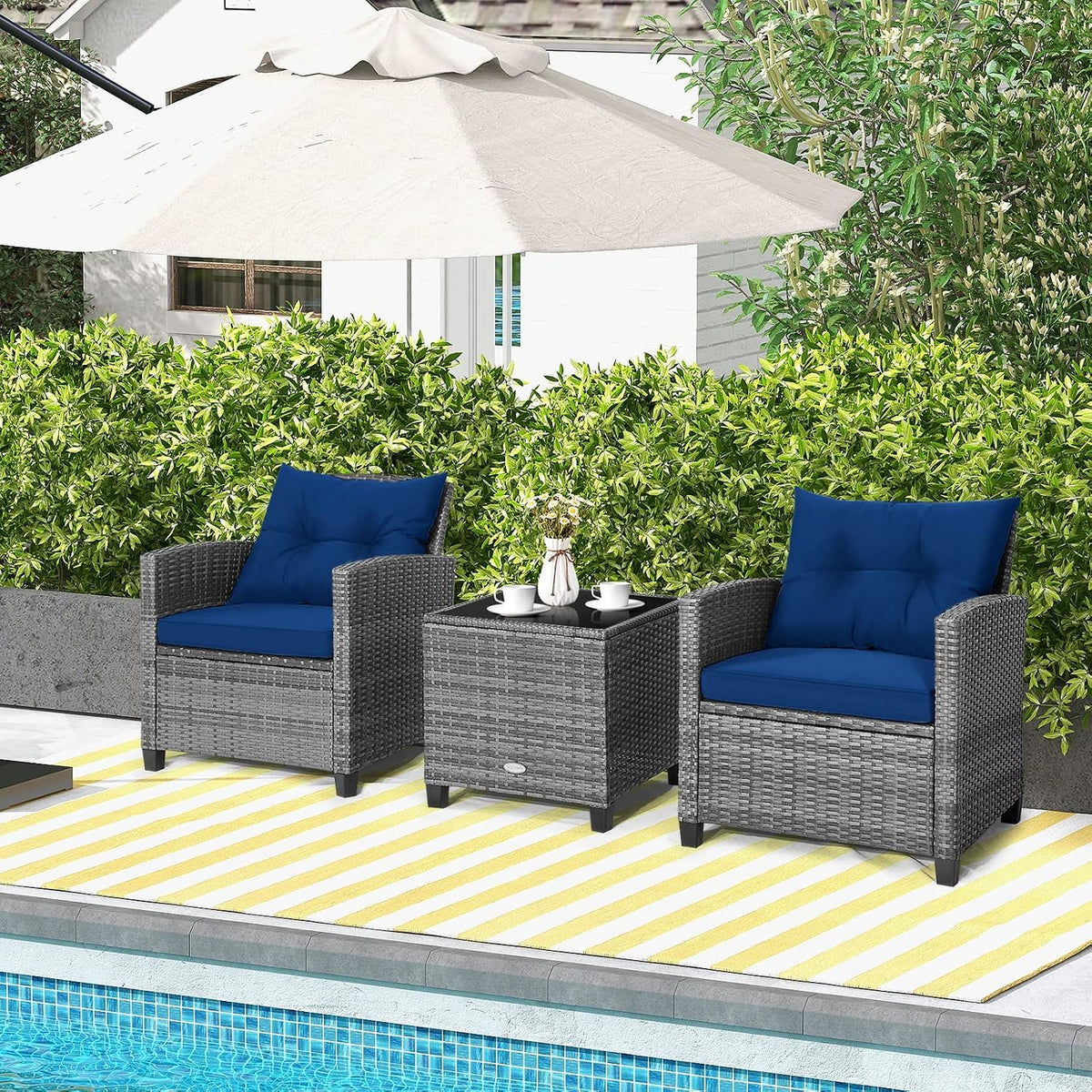 HAPPYGRILL 3 Pieces Patio Conversation Set, Outdoor Furniture Set PE Rattan Sofa Set with Removable Cushions, PE Wicker Chairs with Tempered Glass Side Table for Porch Lawn Garden Balcony Backyard