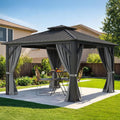DWVO 12x12ft Gazebo Double Roof Hardtop with Nettings and Curtains, Heavy Duty Galvanized Steel Outdoor Vertical Stripes Roof for Patio, Backyard, Deck, Lawns, Grey