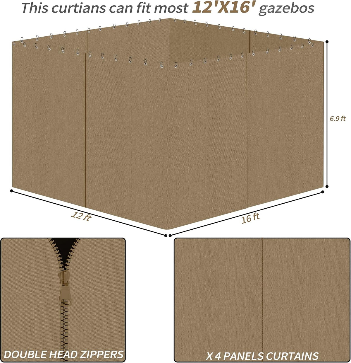 Gazebo Privacy Curtains 12' x 16' with Zipper 4-Panels Side Wall Universal Replacement for Patio, Outdoor Canopy, Garden and Backyard (Curtain Only)