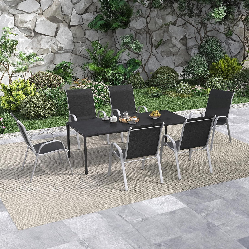 Amopatio Patio Chairs Set of 6, Stackable Outdoor Dining Chairs for All Weather, Silver Frame Outdoor Chair Garden Furniture for Backyard Deck(Black)