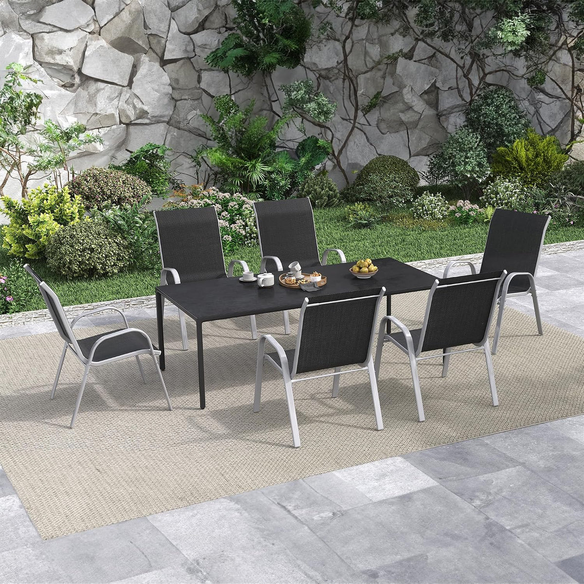 Amopatio Patio Chairs Set of 6, Stackable Outdoor Dining Chairs for All Weather, Silver Frame Outdoor Chair Garden Furniture for Backyard Deck(Black)