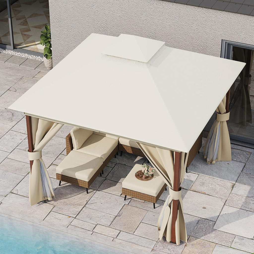 LAUSAINT HOME Patio Gazebo 10'x10' Wood-Grain, Outdoor Heavy Duty Party Tent Shelter with Double Roofs, Mosquito Nettings and Privacy Screens for Backyard, Garden, Lawn, Cream White