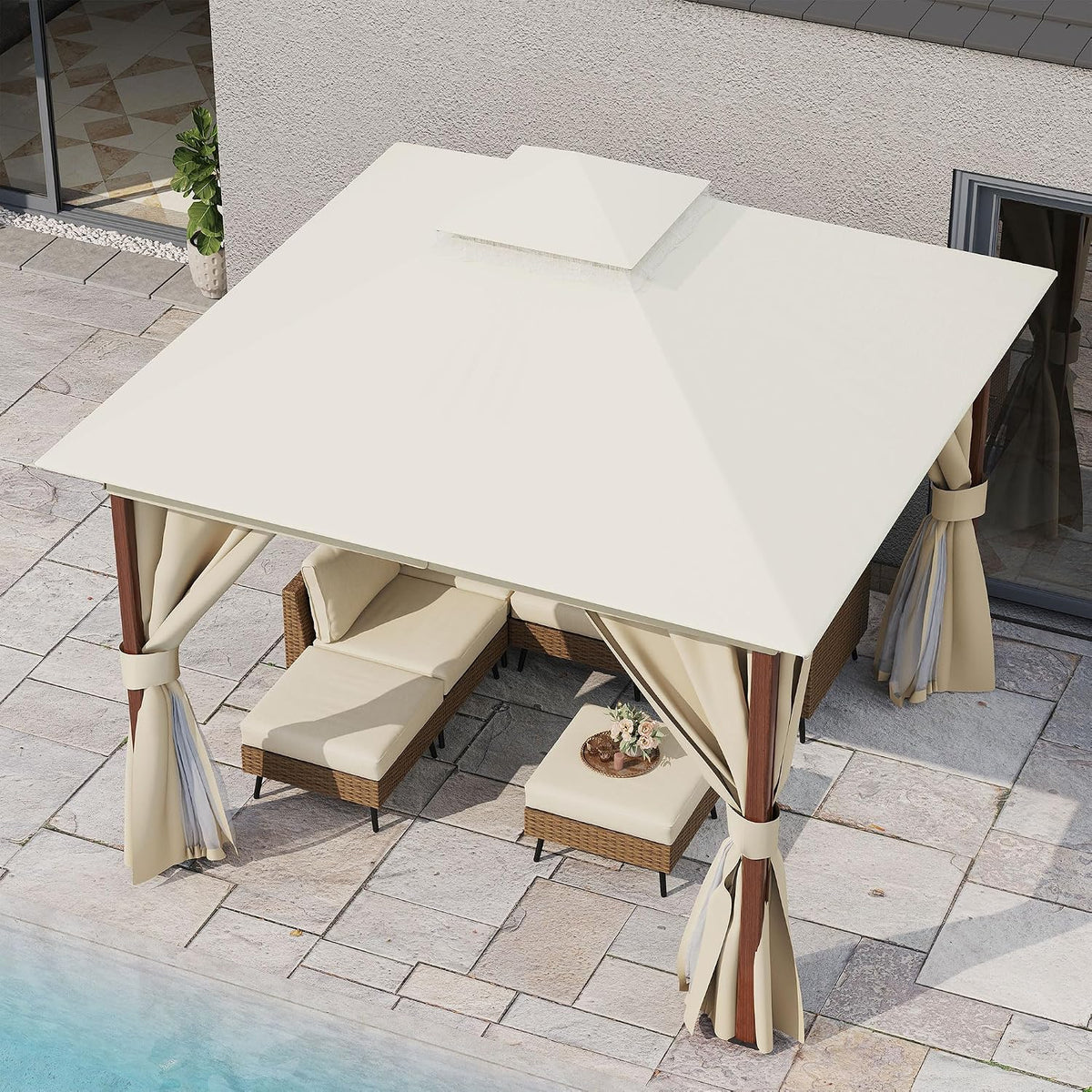 LAUSAINT HOME Patio Gazebo 10'x10' Wood-Grain, Outdoor Heavy Duty Party Tent Shelter with Double Roofs, Mosquito Nettings and Privacy Screens for Backyard, Garden, Lawn, Cream White