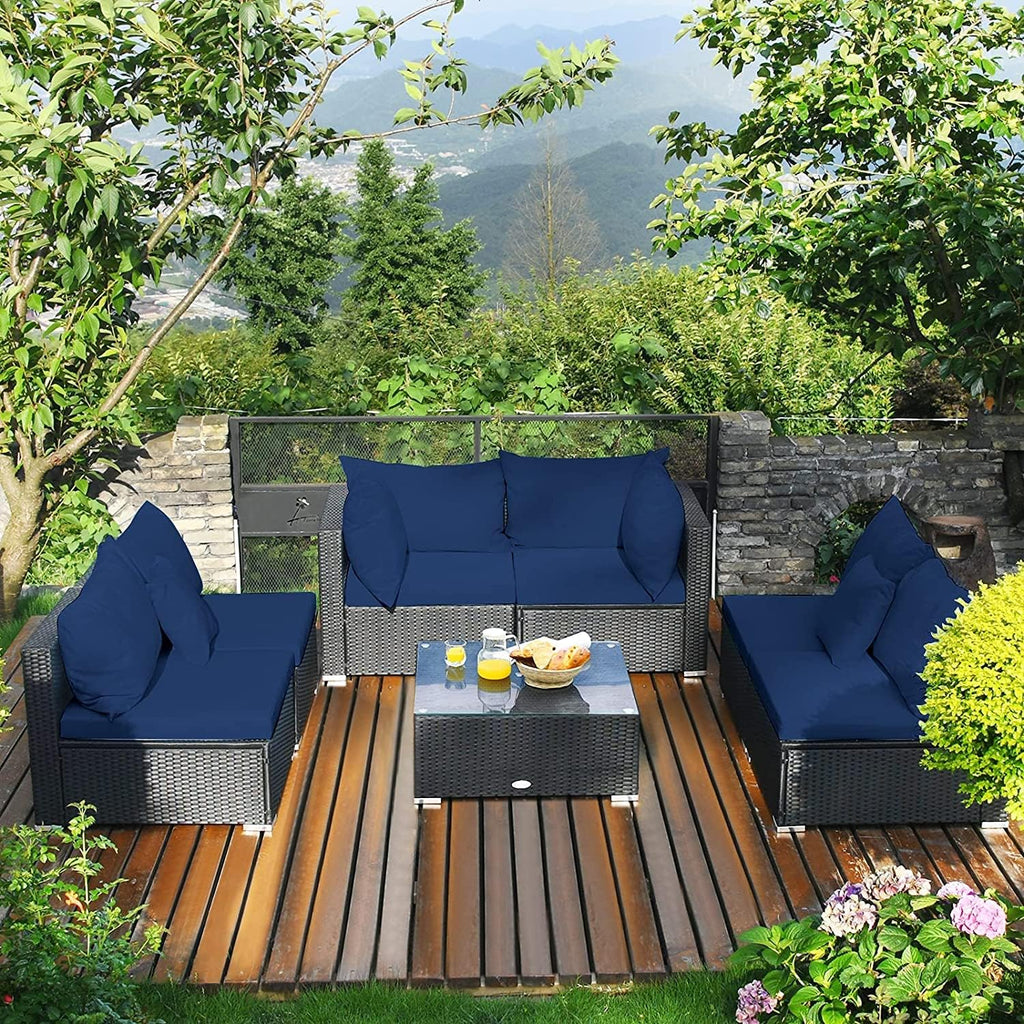 HAPPYGRILL 7 PCS Patio Furniture Set Outdoor Rattan Wicker Sectional Sofa Set with Cushions & Pillows & Coffee Table for Garden Lawn