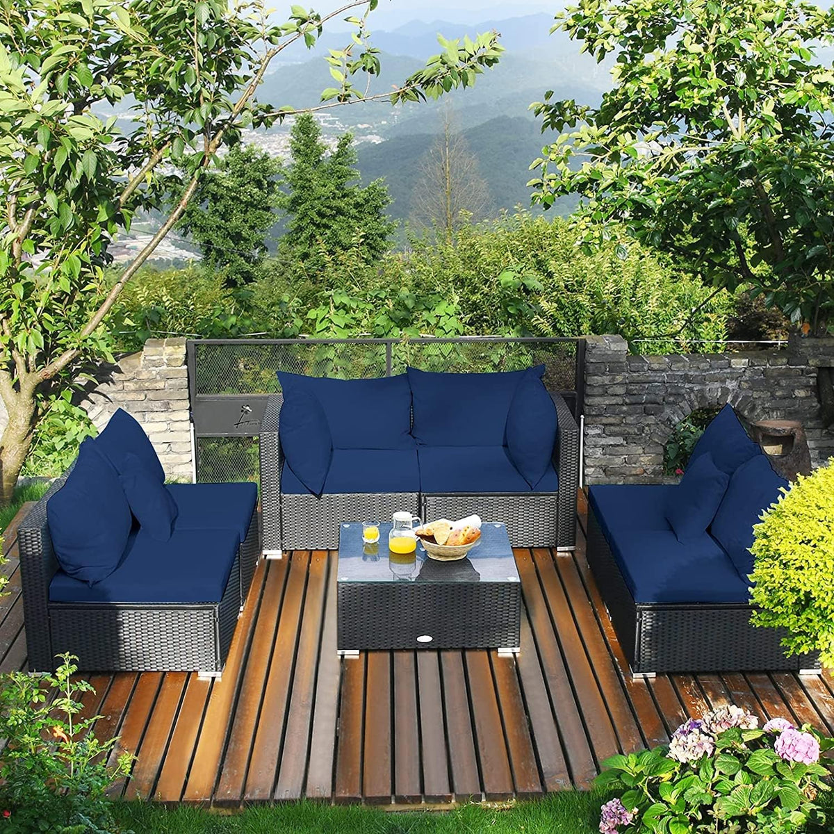 HAPPYGRILL 7 PCS Patio Furniture Set Outdoor Rattan Wicker Sectional Sofa Set with Cushions & Pillows & Coffee Table for Garden Lawn