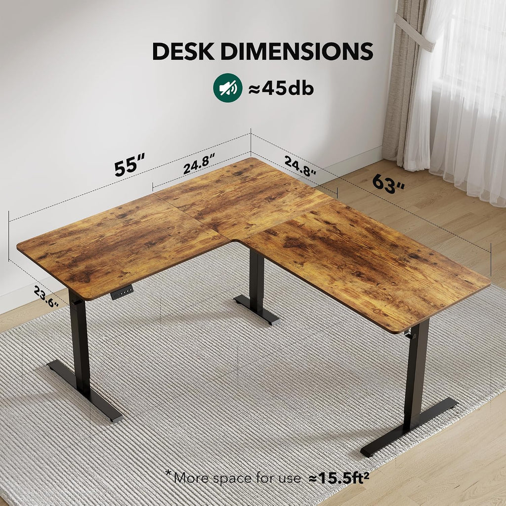 FEZIBO 63' L Shaped Standing Desk - Adjustable Corner Standing Desk L Shape, L-Shaped Adjustable Table with Splice Board, Vintage-Brown