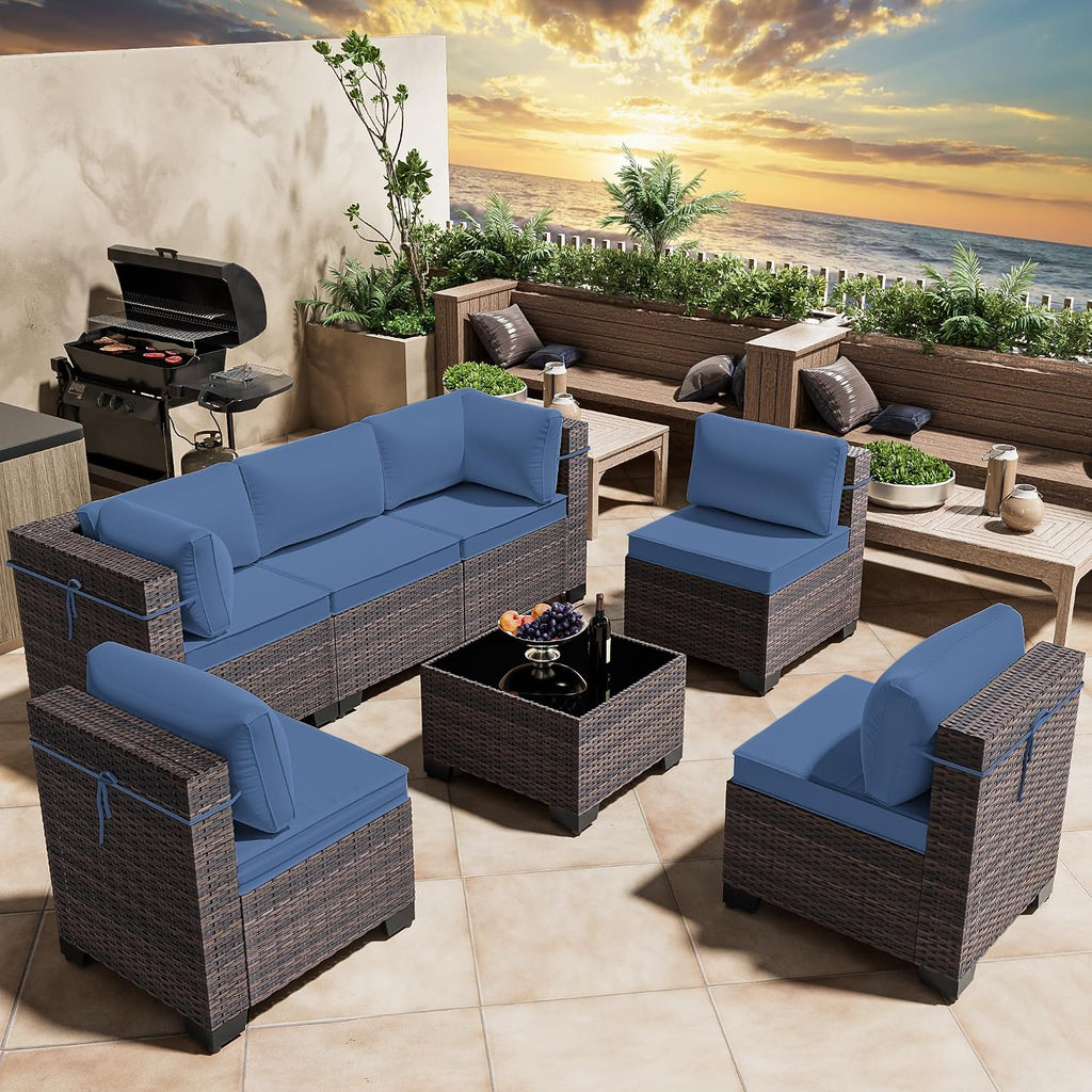 7 Pieces Outdoor Patio Furniture Set,Outdoor Sectional Furniture All Weather PE Rattan Wicker Patio Conversation Set with Coffee Table and 6 Thickened Cushions,Navy Blue