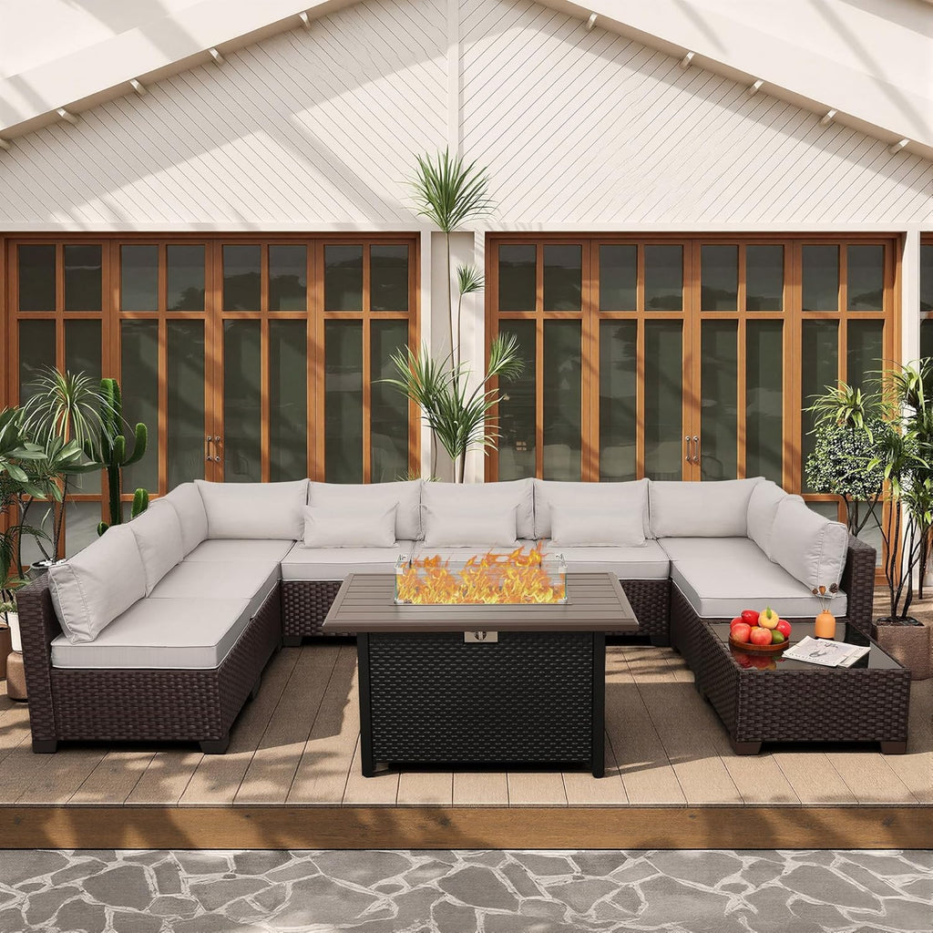 Lviden 10 Pieces Wicker Patio Furniture Set Outdoor PE Rattan Sectional Conversation Sofa Set with Non-Slip Cushions and 45' Fire Pit Table, Beige