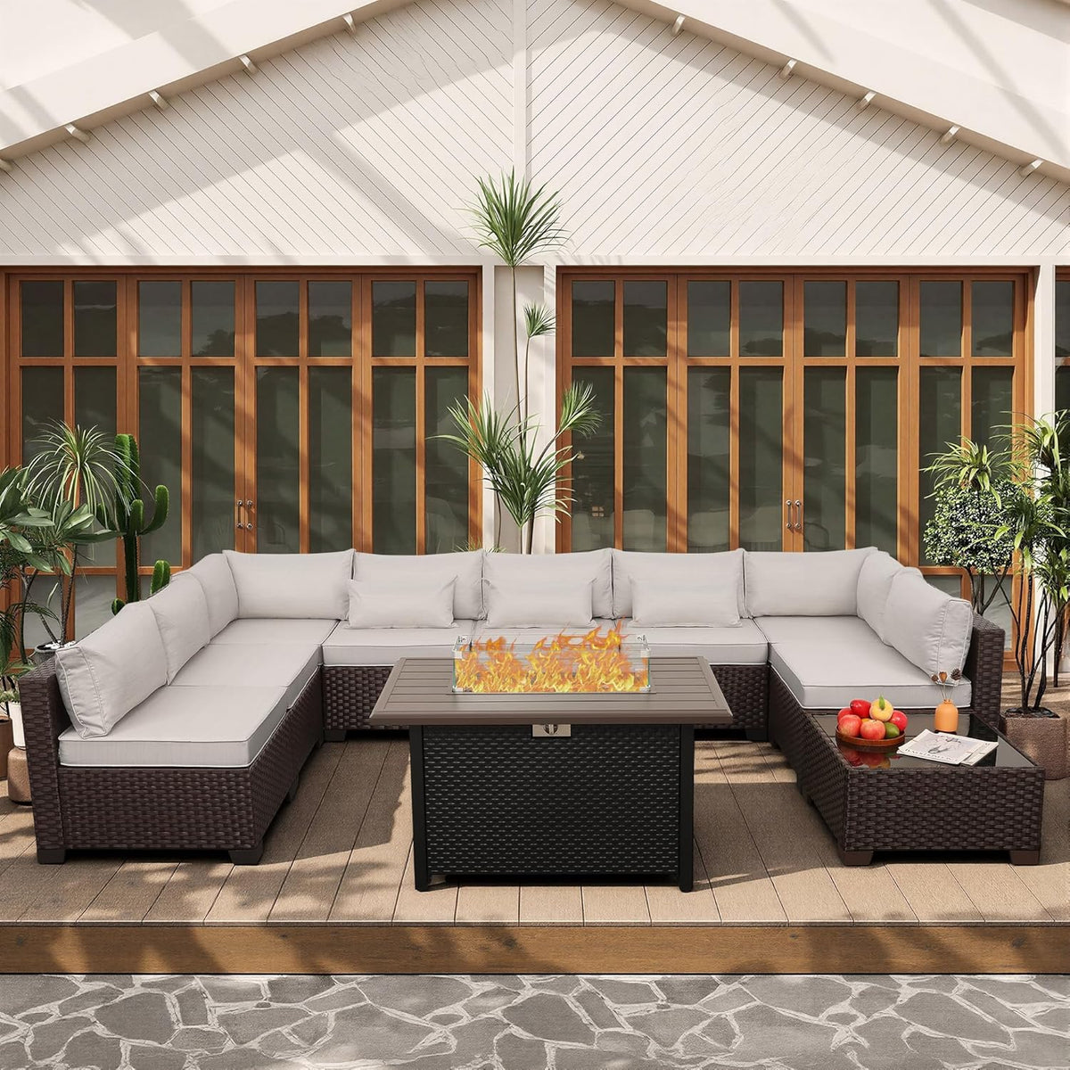 Lviden 10 Pieces Wicker Patio Furniture Set Outdoor PE Rattan Sectional Conversation Sofa Set with Non-Slip Cushions and 45' Fire Pit Table, Beige
