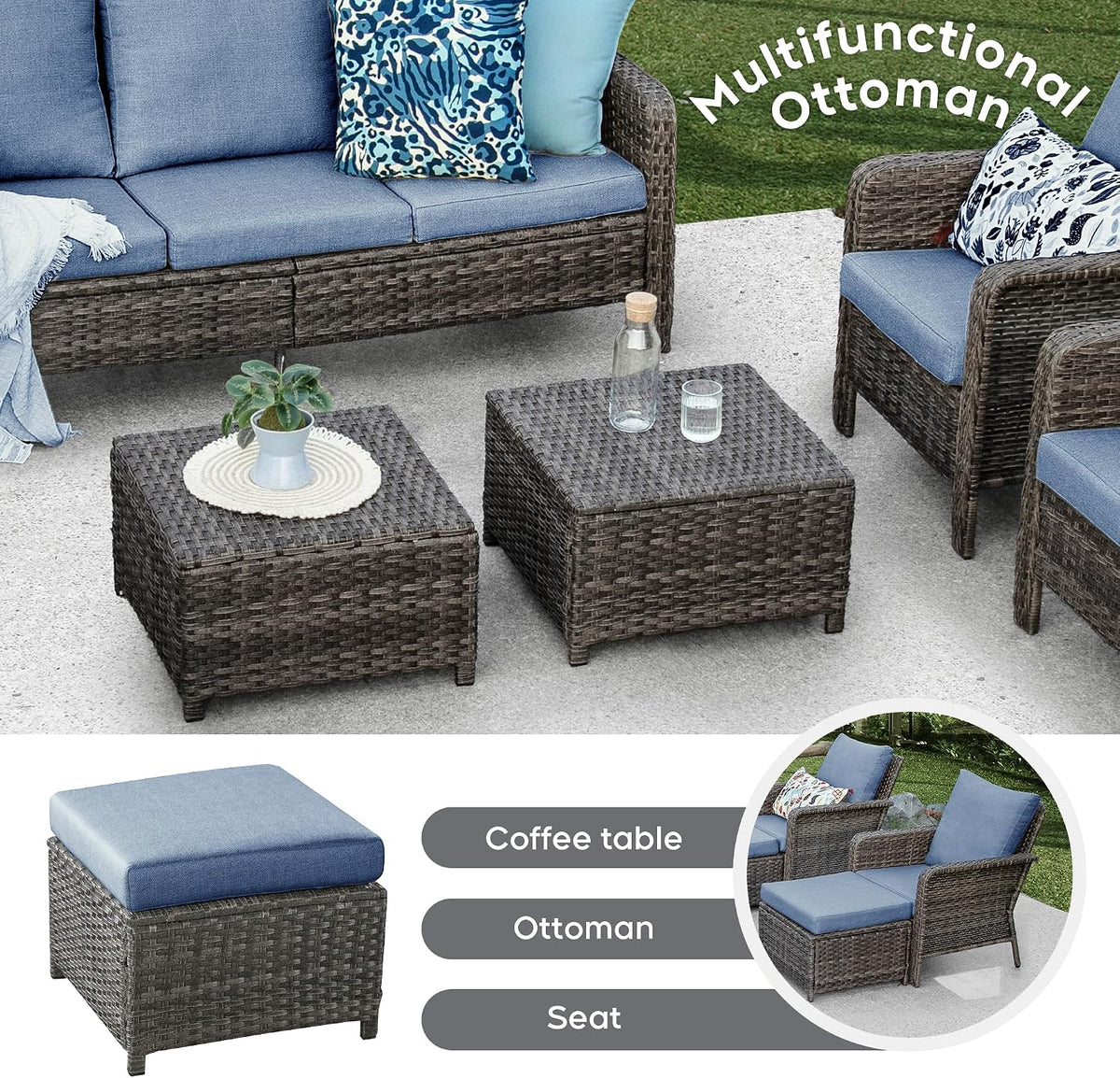 7 Seats Outdoor Patio Furniture Set with 44' Gas Fire Pit Table, Wicker Swivel Rocking Chairs Conversation Sets with Cushion, High Back Sectional Sofa with Gilder Chair for Yard Garden Porch, Blue