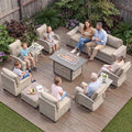 13-Piece Outdoor Patio Furniture Set with Rocking Swivel Chair, PE Wicker Rattan Sectional Sofa Patio Conversation Set with 55,000 BTU Fire Pit Table & Coffee Table, Sand