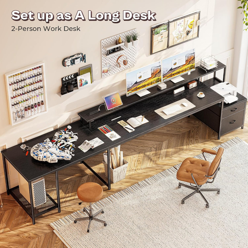 PRAISUN 66' L Shaped Gaming Desk with LED Lights & Power Outlets, Computer Desk with Fabric Drawers and Print Stand, Corner Office Desk, Monitor Stand, Mesh CPU Stand, Black