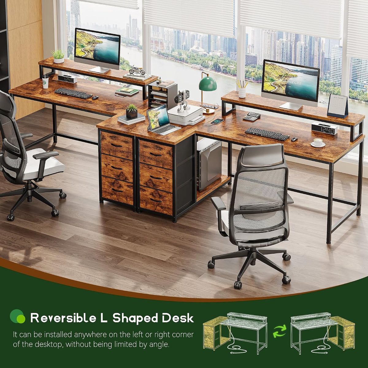 EnHomee L Shaped Gaming Desk with Monitor Stand & 3 Drawers, 48 Inch Computer Desk with Power Outlet Reversible Office Desk with LED Lights for Gaming, Study Room, Home Office, Rustic Brown