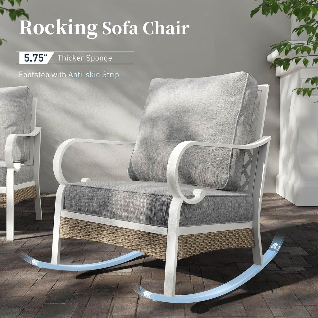 SUNSHINE VALLEY 4 PCS Metal Outdoor Patio Furniture Set, Patio Conversation Set 1 3-Seater Sofa, 2 Rocking Chairs with 5.75' Extra Thick Cushion and Coffee Table, White Frame Backyard Furniture, Gray