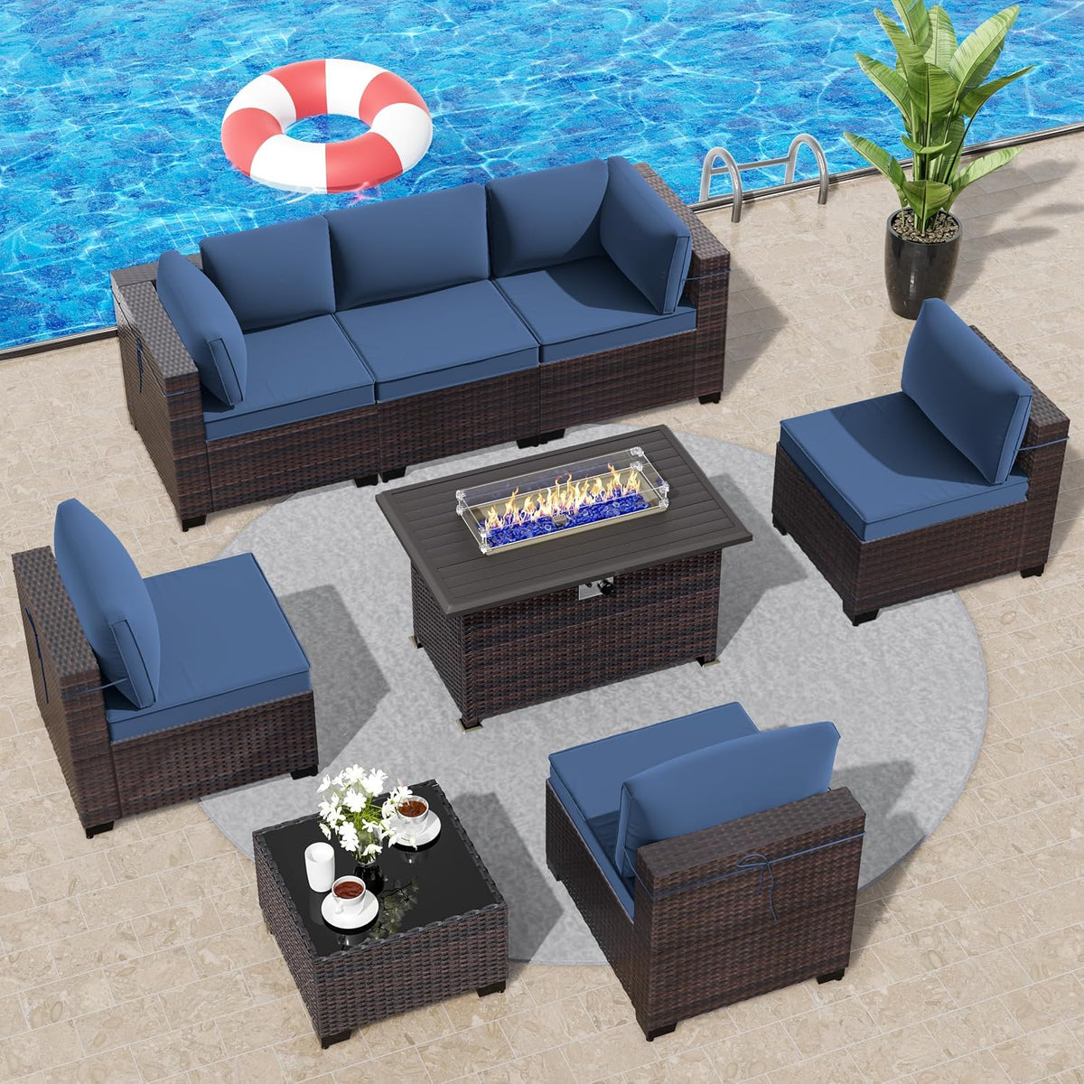 8 Pieces Outdoor Patio Furniture Set,Outdoor Sectional Furniture with 43' 55000 BTU Gas Propane Fire Pit Table,All Weather PE Rattan Wicker Patio Conversation Set,Navy Blue