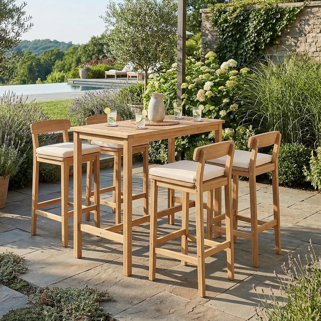 Patio Bar Stools Set of 4, Solid Acacia Wood Patio Barstools with Footrest, 28.5' Counter Height Outdoor Bar Stools, High Top Patio Bar Chairs for Balcony/Deck/Kitchen Island/Bistro, Beige