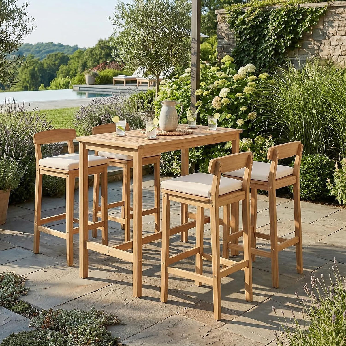 Patio Bar Stools Set of 4, Solid Acacia Wood Patio Barstools with Footrest, 28.5' Counter Height Outdoor Bar Stools, High Top Patio Bar Chairs for Balcony/Deck/Kitchen Island/Bistro, Beige