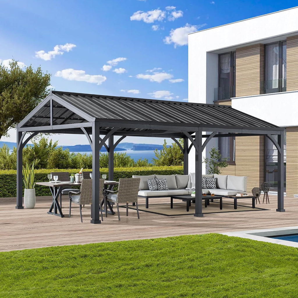 AutoCove 20 ft. x 14 ft. Heavy Duty Carport Garage Car Shelter, Outdoor Gazebo with Brown Polycarbonate Gable Roof and 2 Ceiling Hooks,Black