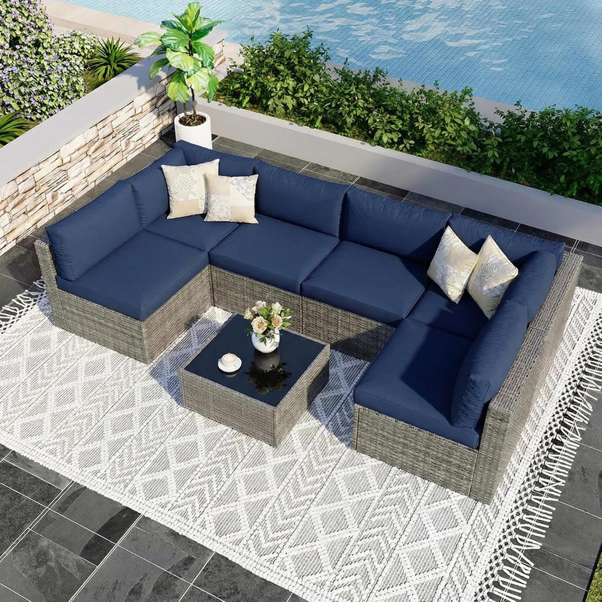 Wisteria Lane 7 Pieces Outdoor Patio Furniture Set, Wicker Outdoor Patio Sectional Sofas with Coffee Table, All-Weather Patio Conversation Set for Backyard Garden, Navy Blue