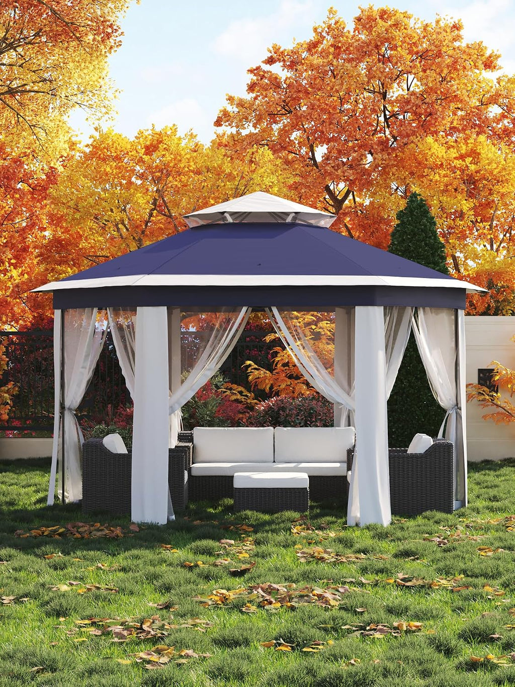 Garvee Pop Up Gazebo Screen Tent, Hexagonal Instant Gazebo Tents with Mosquito Netting Outdoor Canopy, 6 Sided Sun Shelter 13x13 ft with Mesh Netting, Pavilion Tent for Patio, Blue+Beige