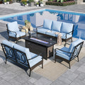 Sophia & William Patio Furniture Set with Fire Pit Table, 5 PCS Metal Outdoor Conversation Set with Fire Pit Table, 2 Sofa Chairs,1 Loveseat, 3-Seater Couch for Outdoor Seating, Backyard, Porch(Blue)