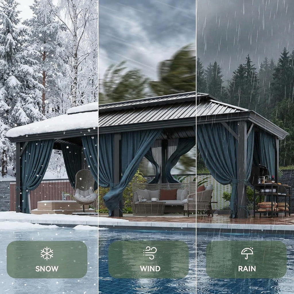 HOTEEL 12x20 Gazebo on Clearance with Metal Roof, Heavy Duty Hardtop Gazebo with Flame-Retardant Curtain & Netting, Outdoor Hard Top Gazebos with Galvanized Steel Double Roof for Backyarad,Patio Black