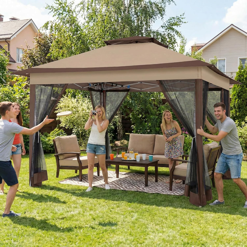 COBIZI 12x12 Pop Up Gazebos On Clearance - Upgrade Easy Up Metal Outdoor Gazebo Waterproof - Portable Gazebo with Mosquito Nettings, 4 Ropes 8 Stakes and Carry Bag for Patio Garden(Coffee)
