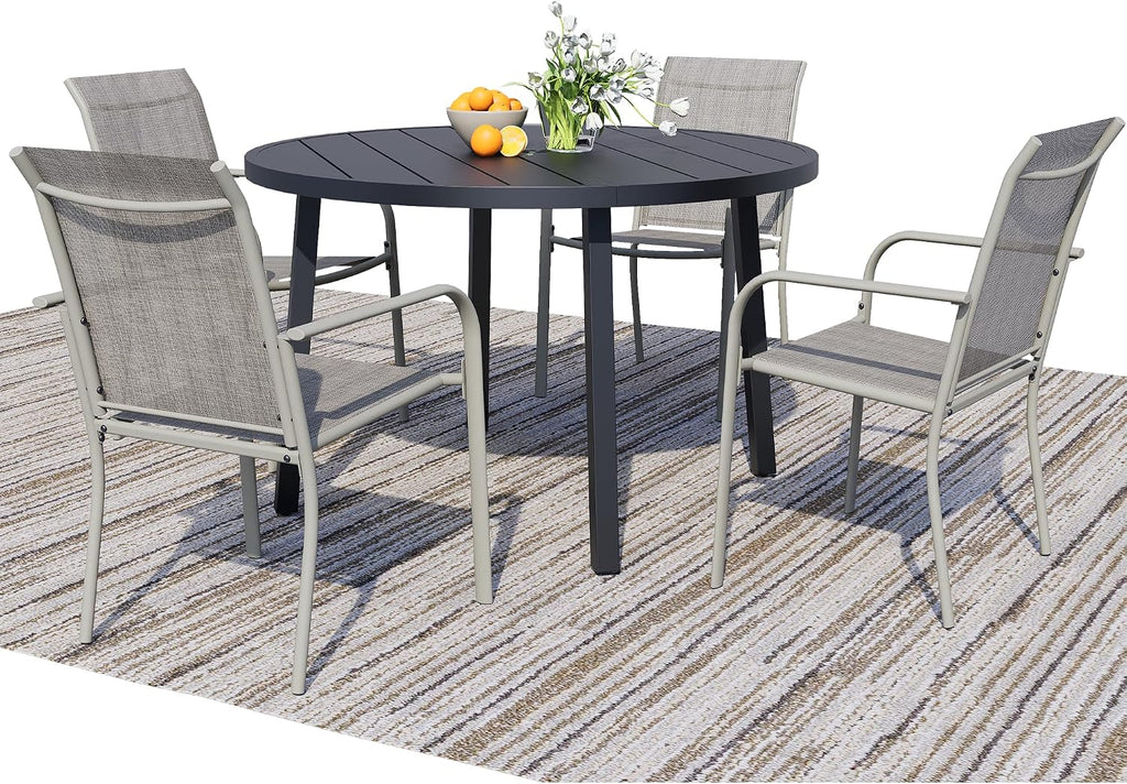 5-Piece Patio Furniture Set, Patio Table and Chairs Set of 4, Black Round Patio Table and Grey Chairs, Patio Furniture Set for Garden, Yard, Patio