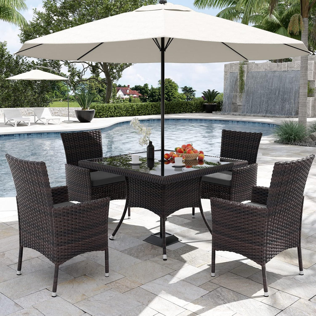 Kurapika 5-Piece Patio Furniture Outdoor Dining Set, Wicker Rattan Patio Dining Table and 4 Chairs Set, Square Tempered Glass Tabletop with Umbrella Hole, for Patio, Backyard, Grey