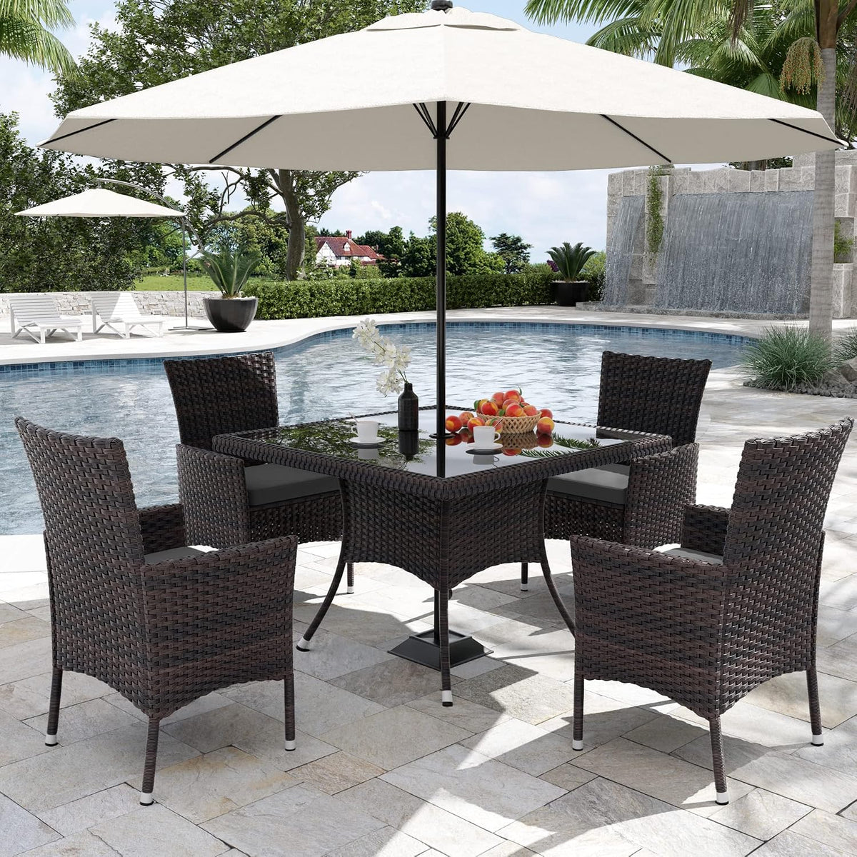 Kurapika 15-Piece Patio Furniture Outdoor Dining Set, Wicker Rattan Patio Dining Table and Chairs Set, Square Tempered Glass Tabletop with Umbrella Hole and 12 Chair Set, Grey