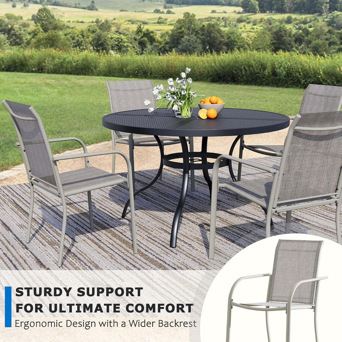 5-Piece Outdoor Dining Set, Mesh Round Patio Table and Grey Chairs, Black Patio Table and Chairs Set of 4, Patio Furniture Set for Garden, Yard, Patio