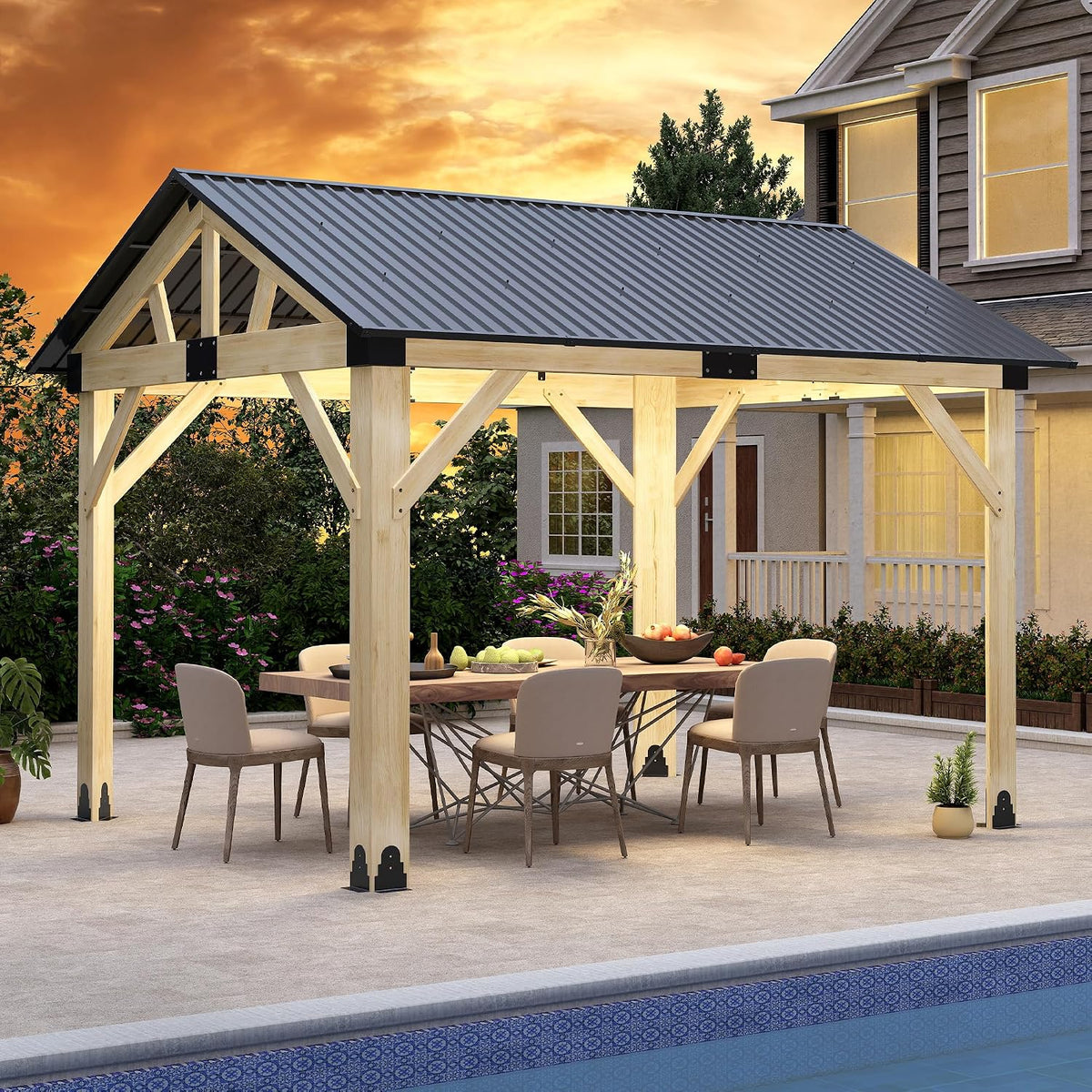 10' x 12' Wood Gazebo, Outdoor Cedar Hardtop Wooden Frame Gazebos with Galvanized Steel Roof for Garden, Patio, Deck